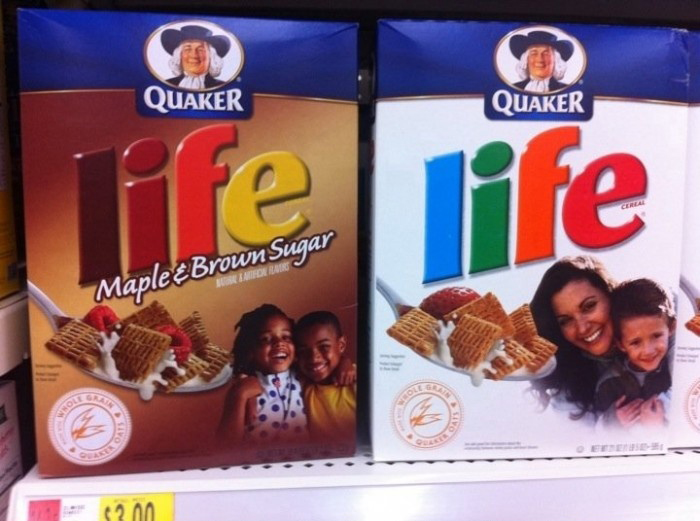 LIFE cereal’s new ‘black friendly’ packaging. They are hoping the smiling faces will encourage black parents to use their food stamps on healthier breakfast choices.